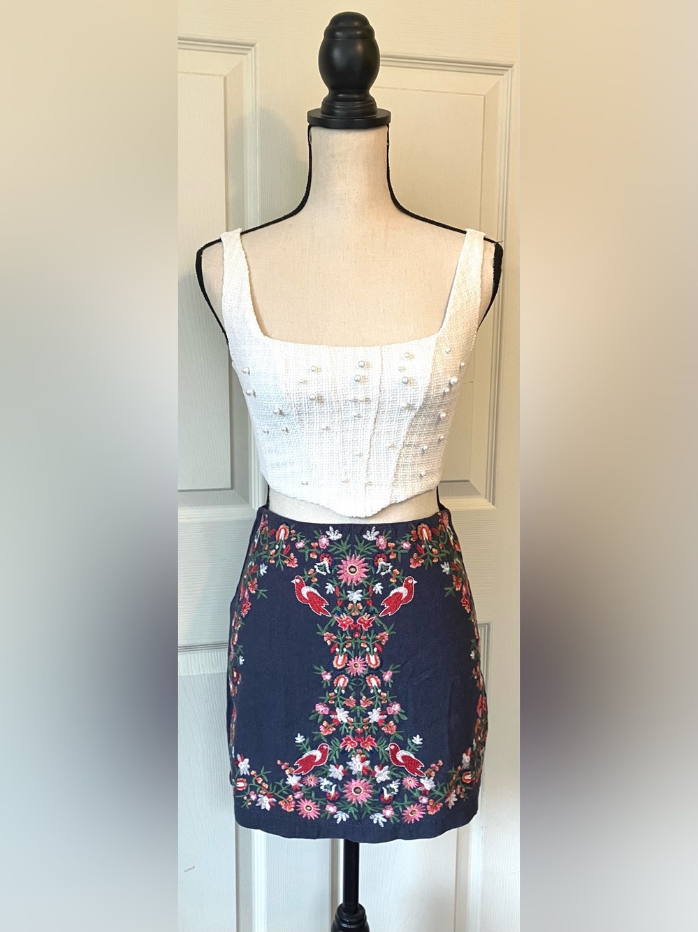 Embroidered Navy & Multicolor Floral & Bird Design Mini Skirt: Boho, Sz. XS
